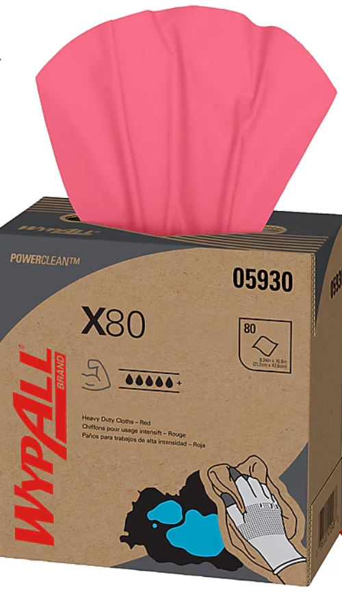 SHOP TOWELS, RED, POP-UP BOX, REINFORCED FABRIC, 80/BOX, 5 BOX/CT TOTAL OF 400 WIPES LARGE